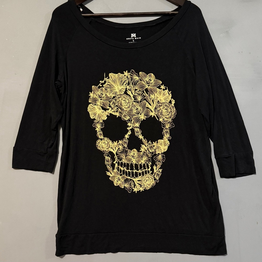 Floral Skull 3/4 Sleeve Tee Shirt Black Gold South Main Large